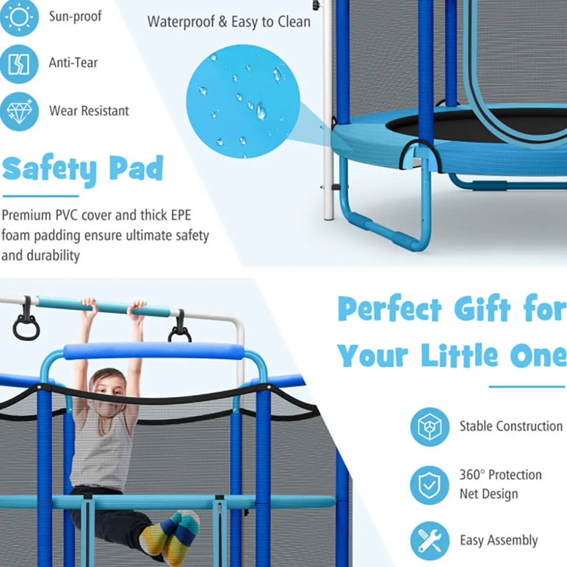 5' Kids 3-in-1 Game Trampoline with Enclosure Net Spring Pad