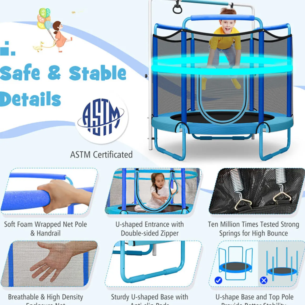 5' Kids 3-in-1 Game Trampoline with Enclosure Net Spring Pad