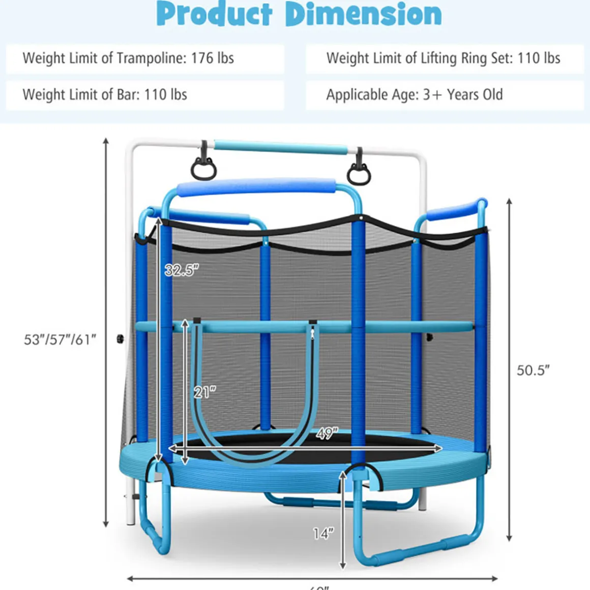5' Kids 3-in-1 Game Trampoline with Enclosure Net Spring Pad