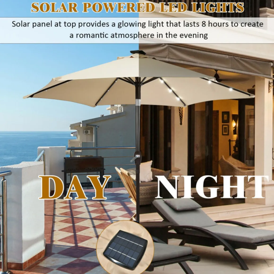 9' Solar LED Lighted Patio Table Umbrella