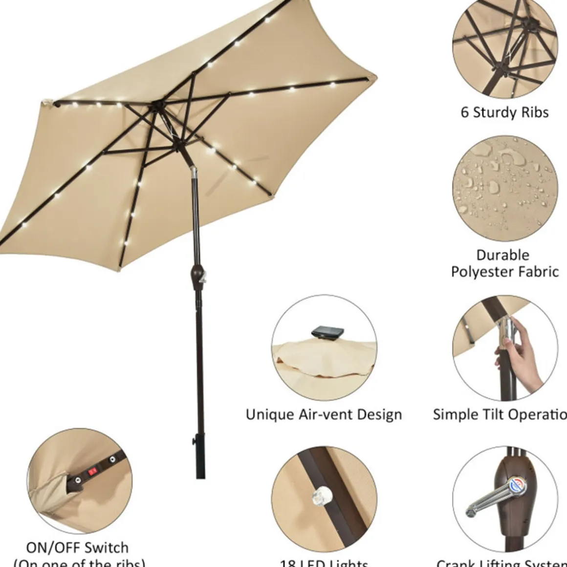 9' Solar LED Lighted Patio Table Umbrella