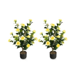 38'' Artificial Camellia Flower Trees with Cement Pot (Set of 2)