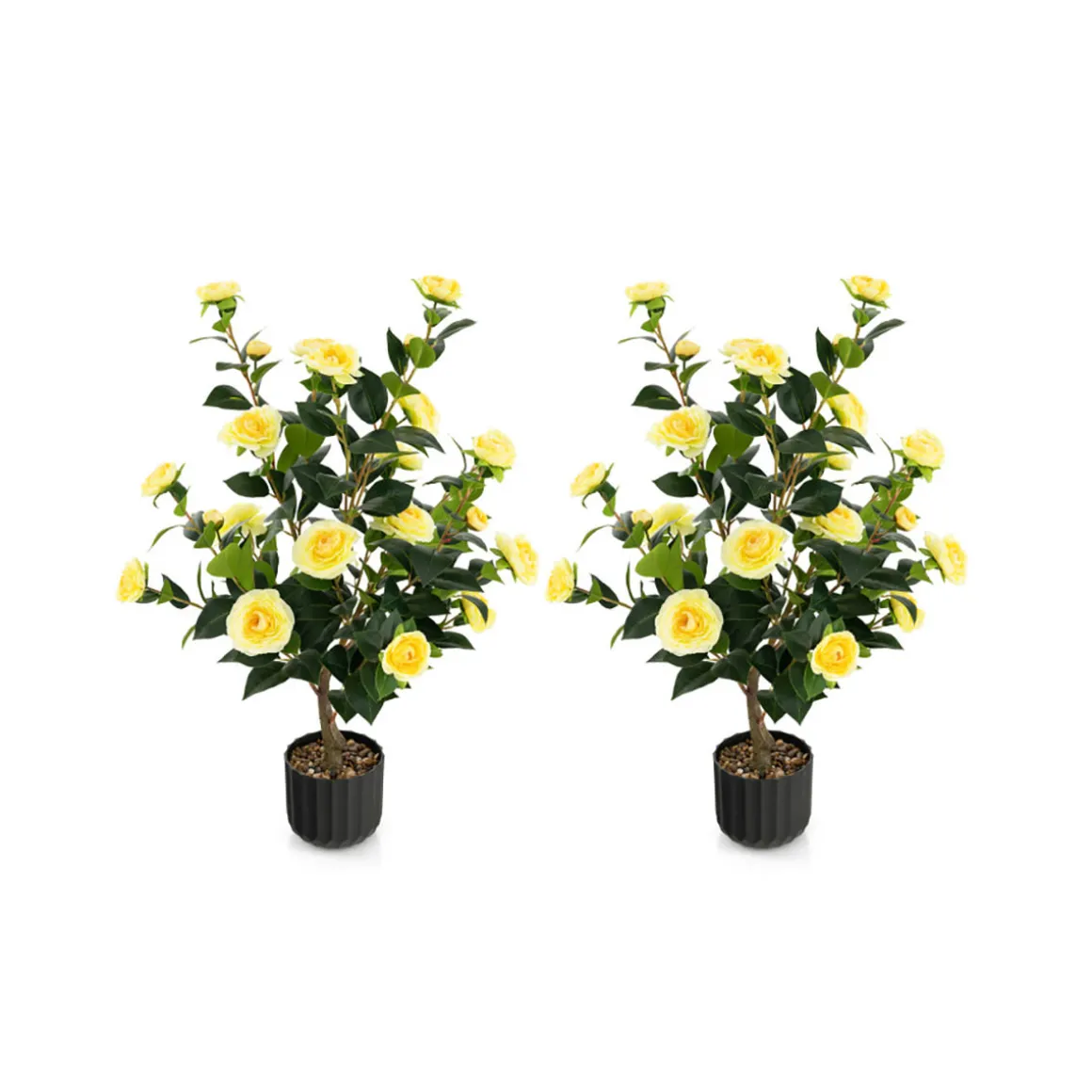 38'' Artificial Camellia Flower Trees with Cement Pot (Set of 2)