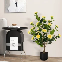 38'' Artificial Camellia Flower Trees with Cement Pot (Set of 2)