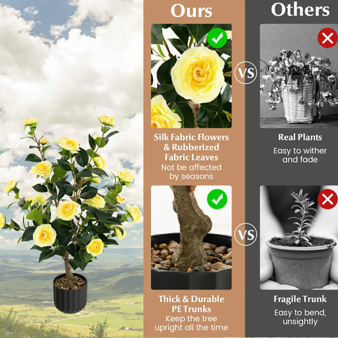 38'' Artificial Camellia Flower Trees with Cement Pot (Set of 2)