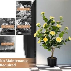 38'' Artificial Camellia Flower Trees with Cement Pot (Set of 2)