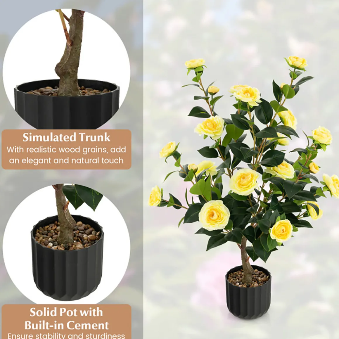 38'' Artificial Camellia Flower Trees with Cement Pot (Set of 2)