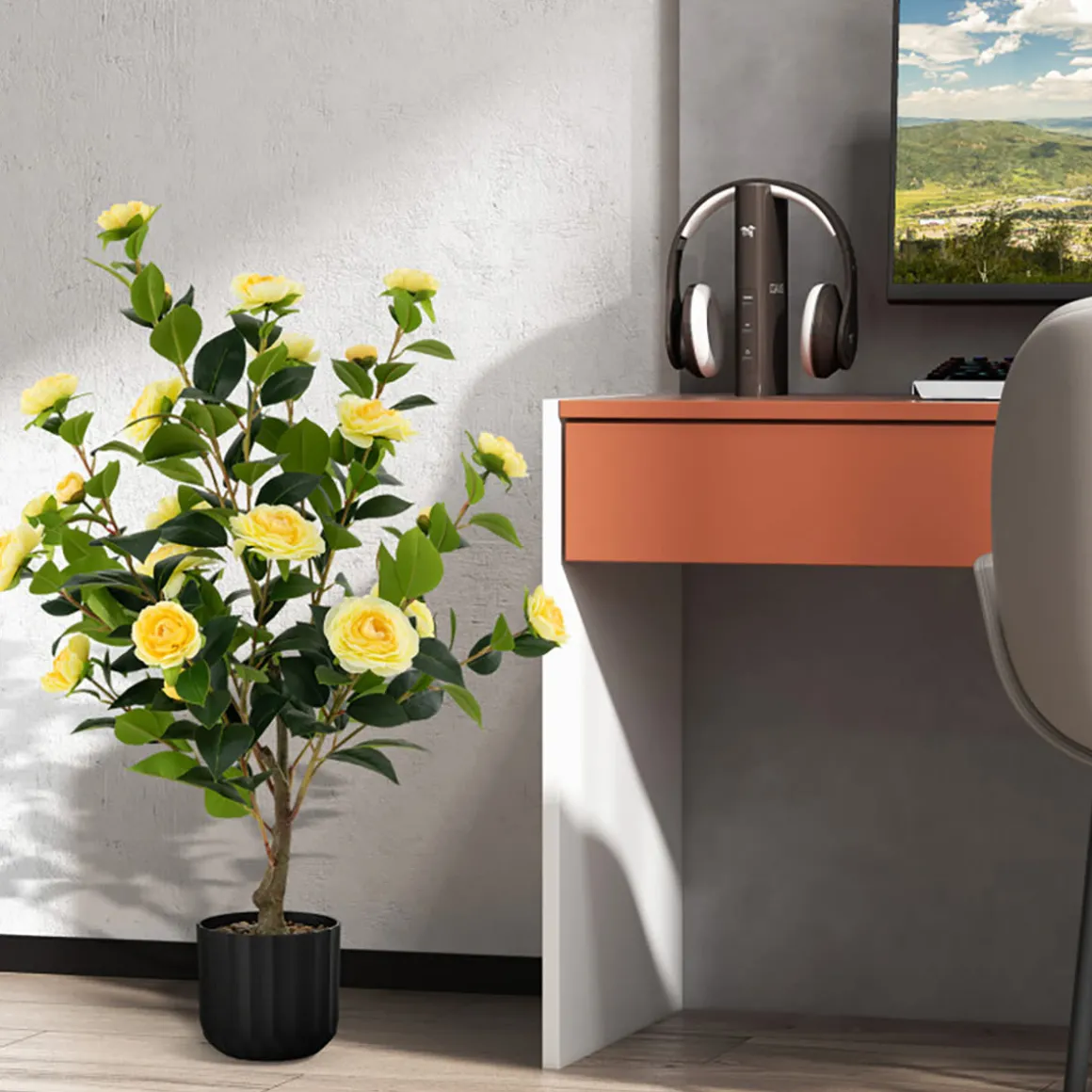 38'' Artificial Camellia Flower Trees with Cement Pot (Set of 2)