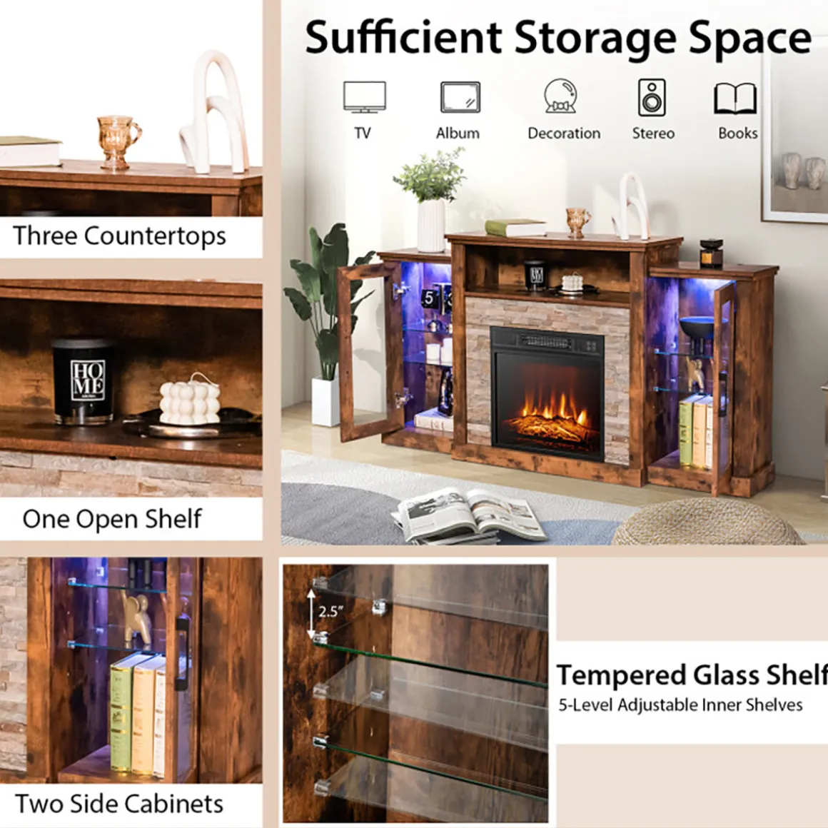 58'' Fireplace TV Stand with Adjustable Shelves