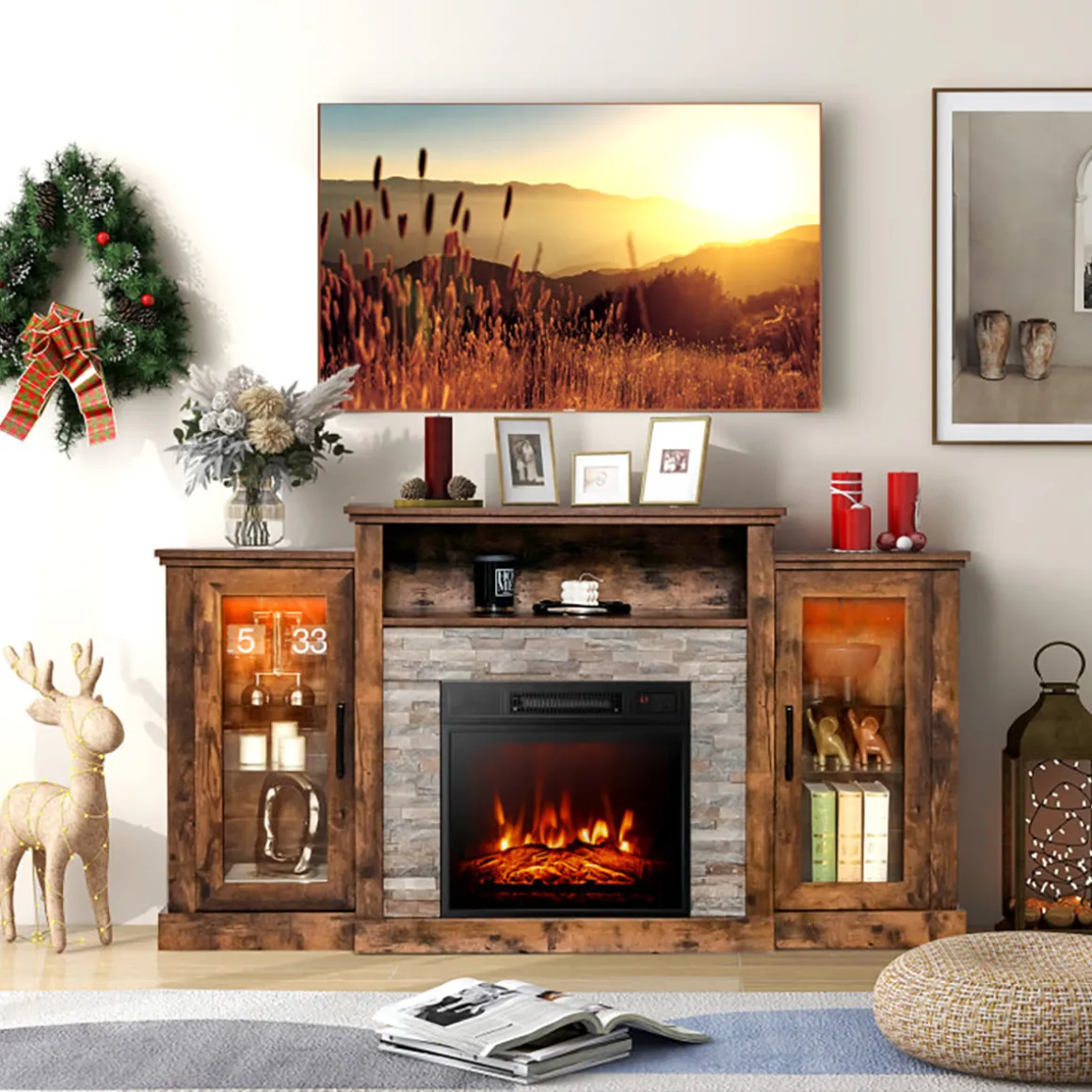 58'' Fireplace TV Stand with Adjustable Shelves
